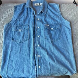 VTG Bill Blass Blue Denim Sleeveless Pearl Button Down Shirt Womens L Indie West